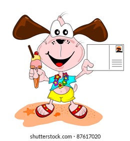 Cartoon dog on holiday vacation with blank postcard & ice cream