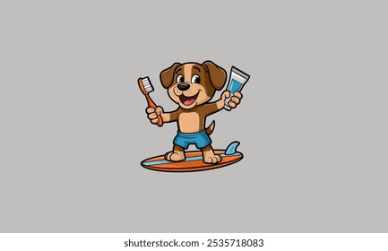 Cartoon cão em uma prancha de surf segurando uma escova de dentes e pasta de dente.