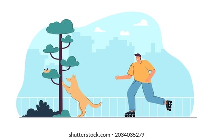 Cartoon Dog Owner On Roller Skates In Park. Puppy Looking At Bird Nest In Tree Flat Vector Illustration. Outdoor Activity, Healthy Lifestyle, Pets Concept For Banner, Website Design Or Landing Page