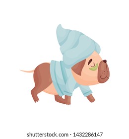 Cartoon dog in pajamas and a towel on his head. Vector illustration on white background.