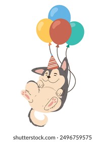 cartoon dog with party hat and balloons isolated
