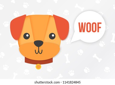 Cartoon dog with pattern of paw on grey background.
Vector illustration with copy space and isolated pet. Paper cut and flat style. Veterinary banner.