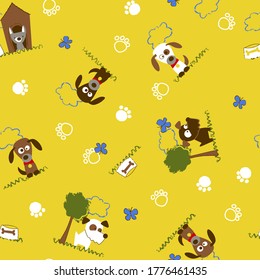 Cartoon dog pattern, vector illustration, butterfly, tree, cage, cloud, bone and footprint as background
