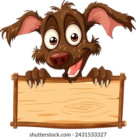 Cartoon dog peeking over a blank wooden sign.