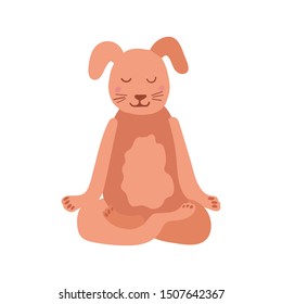 Cartoon Dog performing yoga exercise. Scandinavian style character sitting in lotus posture and meditating vipassana meditation Isolated. For children and print screening. Flat vector illustration