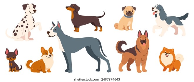 Cartoon dog pets. Cute little puppies, adorable dogs with different breeds and sizes. Home funny animals characters with happy muzzles. Dachshund, shepherd, Jack Russell. Vector set.