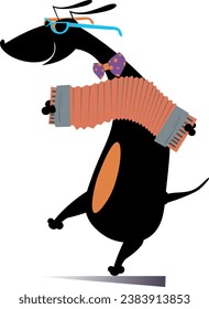 Cartoon dog playing accordion. 
Dog a musician. Cartoon dog performing music on the accordion with inspiration. Isolated on white background

