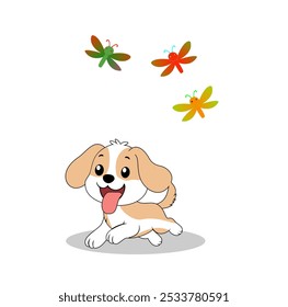 Cartoon Dog Playing With Dragon Fly Vector Illustration