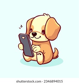 A cartoon dog playing with a phone
