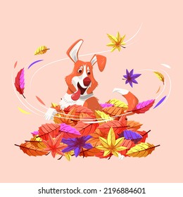 Cartoon dog is playing in a pile of fallen leaves. Corgi.