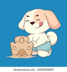 cartoon dog playing in the sand building sandcastle 