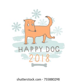 A cartoon dog playing in the snow, decorated with snowflakes and a Christmas inscription in the style of a craft. Vector image in brown and blue.