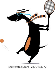 Cartoon dog playing tennis. 
Cartoon dog in sunglasses with a tennis racket beats a ball. Isolated on white background
