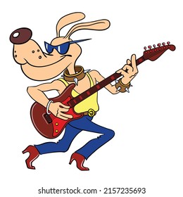 Cartoon dog plays the electric guitar. Cartoon character from the ensemble of the Bremen Town Musicians. Vector image of a dog. Illustration isolated on white.