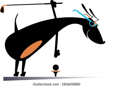 Cartoon dog plays golf illustration. Smiling dog holds a golf club and puts a ball on the stand isolated on white
