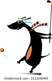 Cartoon dog plays golf illustration. 
Smiling dog in sunglasses tries to do a good kick isolated on white background
