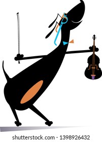 Cartoon dog plays violin illustration. Comic dachshund holds violin and fiddlestick isolated on white illustration

