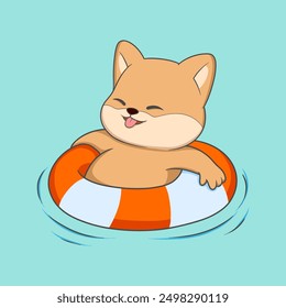 cartoon dog is in a pool with a red and white float