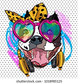 Cartoon dog print. Fun poster. Sketch vector comic portrait. Cool girl.