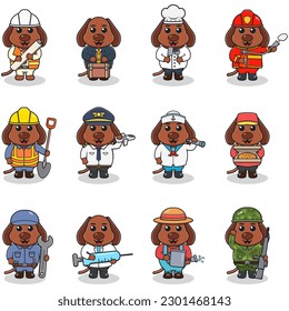 Cartoon Dog in professional uniform. Vector set of Dog different professions. Vector characters with jobs different occupation. Different jobs professionals. Isolated vector icons set