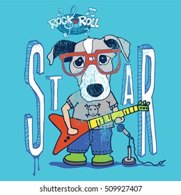 Cartoon dog with a red glasses is  playing a heavy metal rock guitar. Artwork design.