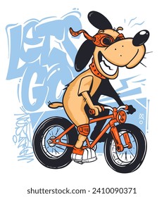 Perro de caricatura montando una bicicleta, vector diseño de camiseta