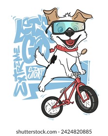 Perro de dibujos animados montando una bicicleta, diseño de camiseta vectorial