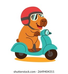 A cartoon dog is riding a scooter with a red helmet on. The dog is smiling and he is enjoying the ride