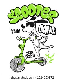 Cartoon dog riding a scooter vector T-Shirt design