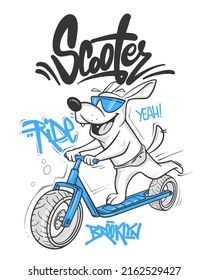 Cartoon dog riding a scooter vector T-Shirt design.