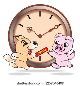 cartoon dog run following pig new year vector illustration isolated