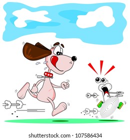 A cartoon dog running after a cartoon bone