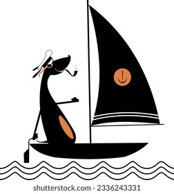 Cartoon dog sails of the yacht illustration.
Sailing boat. Funny brave dog a captain smoking a pipe
