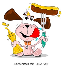 A cartoon dog with sausage & bottle of mustard