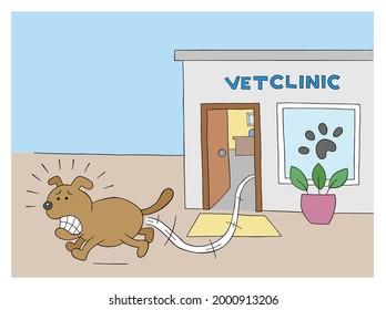 Cartoon dog is scared and runs away from the vet clinic, vector illustration. Colored and black outlines.