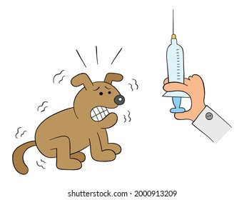 Cartoon dog is scared when it sees the syringe in veterinarian's hand, vector illustration. Colored and black outlines.