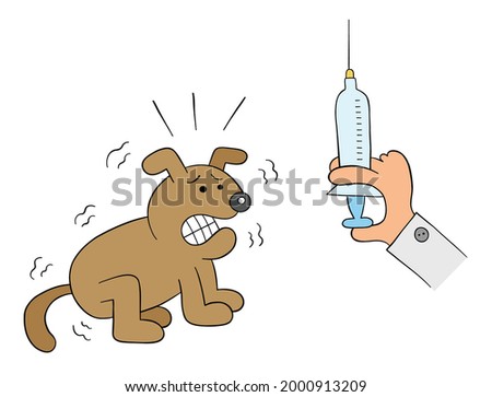 Cartoon dog is scared when it sees the syringe in veterinarian's hand, vector illustration. Colored and black outlines.