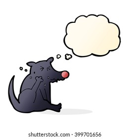 Cartoon-Hund kratzt mit Gedankenblase