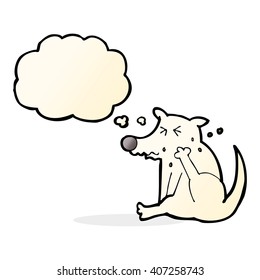 cartoon dog scratching with thought bubble
