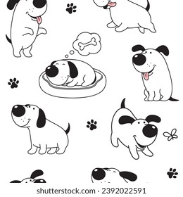 Cartoon dog seamless pattern, background. Funny happy dog, comic character in various poses, vector drawing