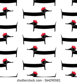 Cartoon dog seamless pattern. Cute parisian dachshund vector illustration. Child drawing style puppy background. French style dressed dog with red beret.