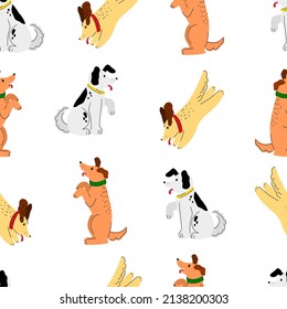 Cartoon dog seamless pattern. Dog with different poses and emotions. Playing, sitting, running pet. Dog face expressions. Puppy in simple cute style. vector seamless illustration.