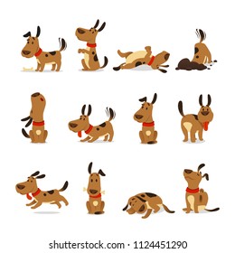 Cartoon dog set. Dogs tricks icons and action training digging dirt eating pet food jumping wiggle sleeping running and barking brown happy cute animal poses vector isolated symbol illustration