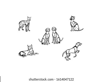 Cartoon dog set. Dogs tricks icons and action training digging dirt, eating pet food, jumping, wiggle, sleeping, running and barking brown happy cute animal poses vector isolated symbol illustration