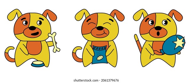 Cartoon dog, set of three puppies. A dog eating a bone, a dog chewing dry food, a burst ball svg