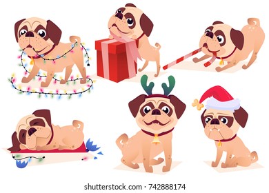 Cartoon dog set. Vector collection of Christmas puppy character. Design for calendars or postcards or posters or banners or brochures