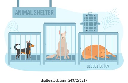 Cartoon dog shelter. Caged stray dogs vector flat illustration. Dog adoption center or pet rescue center. Pet adoption, charity, love and dog ownership concept