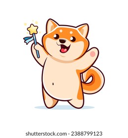 Cartoon dog Shiba Inu character with magic wand, vector kawaii animal pet personage. Kid cute happy Shiba Inu puppy dog with magic wand and golden star for baby mascot or cute kawaii dog emoji