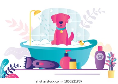 Cartoon dog sitting in bathtub. Domestics pet bathes with rubber duck. Different tools for grooming dogs. Concept of animal care and puppy hygiene. Banner in trendy style. Flat vector illustration
