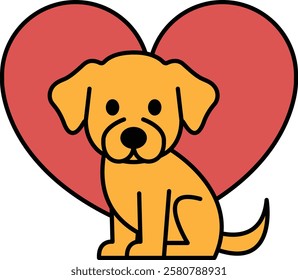 A cartoon dog sitting in a heart. The dog is yellow and the heart is red. The image is cute and playful